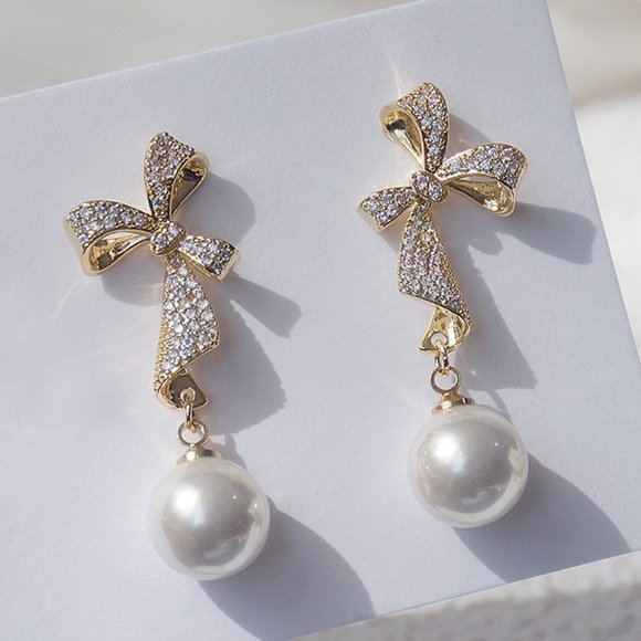 Jewelry - NEW 14K Gold Plated Diamond Bow Pearl Earrings